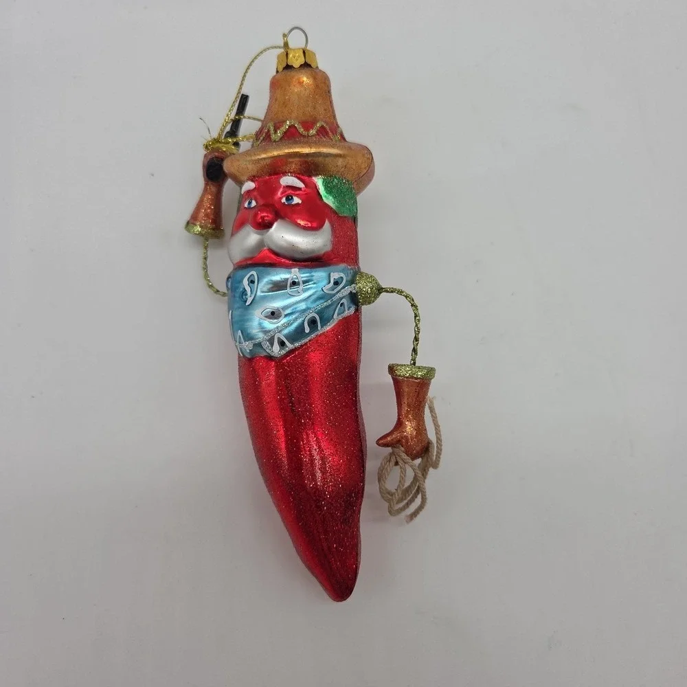 Red Hot Chili Pepper Cowboy Ornament Blown Glass Christmas Tree Decor Festive